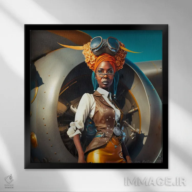 تابلو خلبان زن آفریقایی آیندهگرا ۲ اثر دیجیتال وایلد آرت (استودیو هنری) - نمای قابدار مشکی