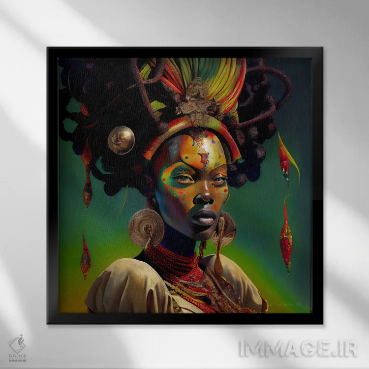 تابلو زن سلطنتی آفریقایی آیندهگرا ۱ اثر دیجیتال وایلد آرت (استودیو هنری) - نمای قابدار مشکی