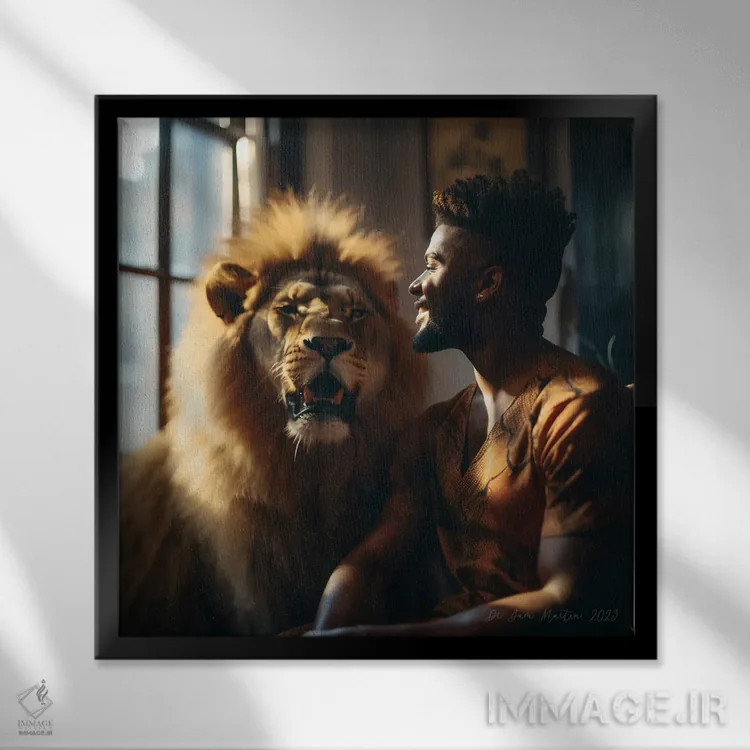 تابلو مرد و حیوان روحی گربهسان ۱ اثر دیجیتال وایلد آرت (استودیو هنری) - نمای قابدار مشکی