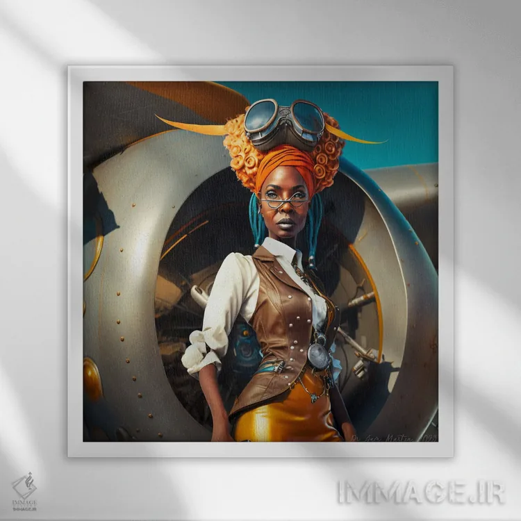 تابلو خلبان زن آفریقایی آیندهگرا ۲ اثر دیجیتال وایلد آرت (استودیو هنری) - نمای قابدار سفید
