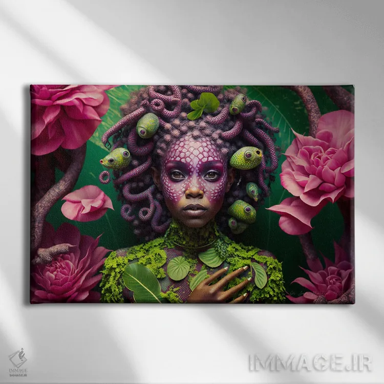 تابلو زن آفریقایی آیندهگرا با سبک رترو اثر دیجیتال وایلد آرت (استودیو هنری) - نمای روبهرو روی دیوار