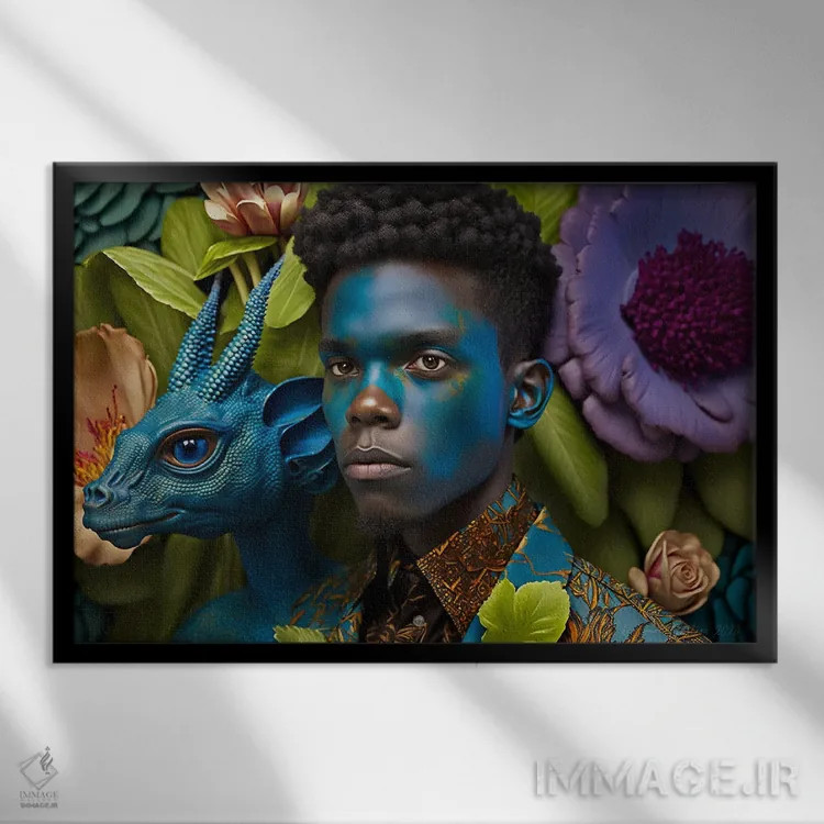 تابلو مرد آفریقایی رترو فیوچریست اثر دیجیتال وایلد آرت (استودیو هنری) - نمای قابدار مشکی