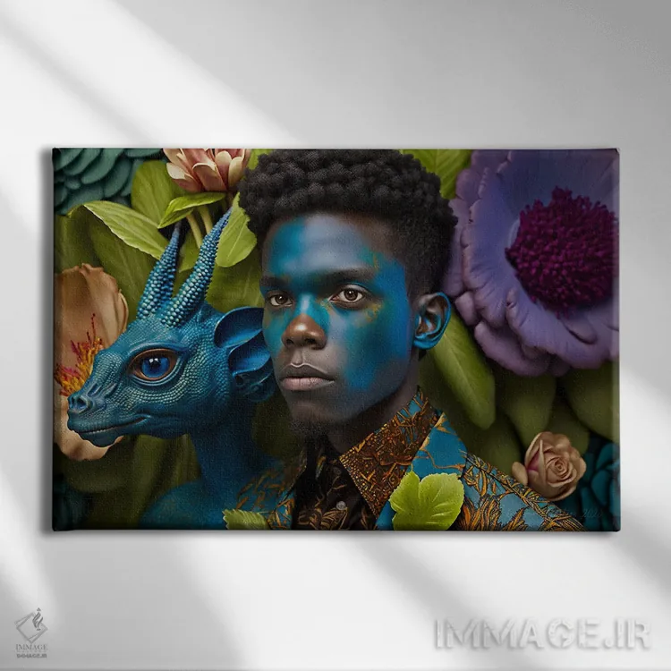 تابلو مرد آفریقایی رترو فیوچریست اثر دیجیتال وایلد آرت (استودیو هنری) - نمای روبهرو روی دیوار