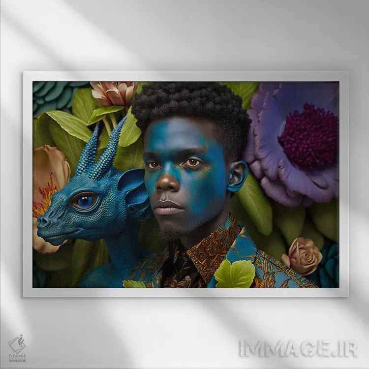تابلو مرد آفریقایی رترو فیوچریست اثر دیجیتال وایلد آرت (استودیو هنری) - نمای قابدار سفید