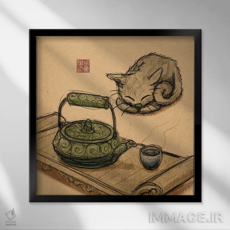 تابلو بچهگربه در زمان چای اثر باورگژونگ هو - نمای قابدار مشکی