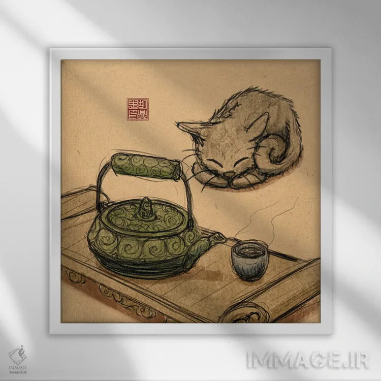 تابلو بچهگربه در زمان چای اثر باورگژونگ هو - نمای قابدار سفید