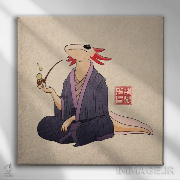 تابلو One Must Axolotl Questions,برای فیلسوف شدن باید سوالهای اکسلوتل پرسید (بازی واژه: اکسلوتل = گونهای دوزیست) اثر باورگژونگ هو - نمای روبهرو روی دیوار