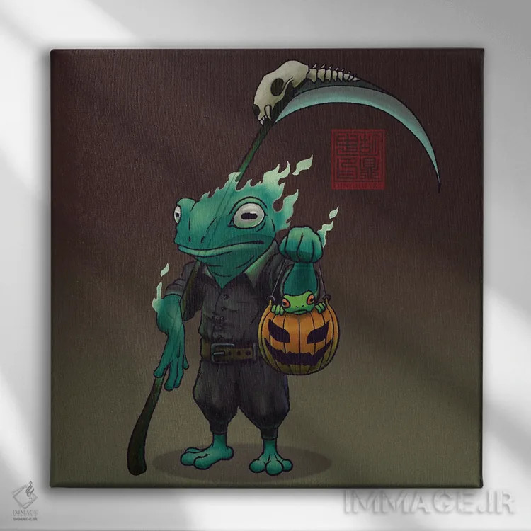 تابلو قورباغه و پسرش در جشن هالووین اثر باورگژونگ هو - نمای روبهرو روی دیوار