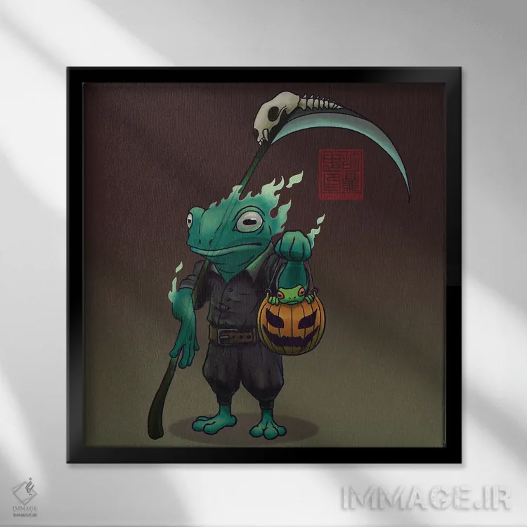تابلو قورباغه و پسرش در جشن هالووین اثر باورگژونگ هو - نمای قابدار مشکی
