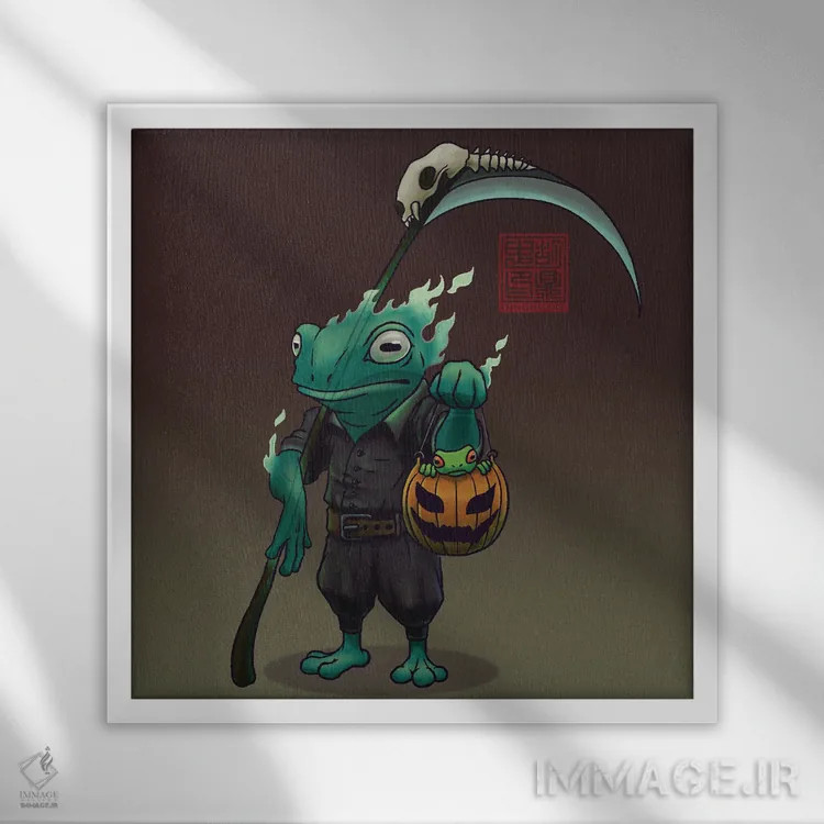 تابلو قورباغه و پسرش در جشن هالووین اثر باورگژونگ هو - نمای قابدار سفید