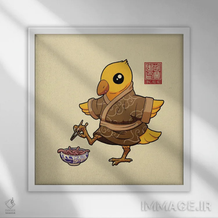 تابلو پرنده احمق کرم را میگیرد اثر باورگژونگ هو - نمای قابدار سفید
