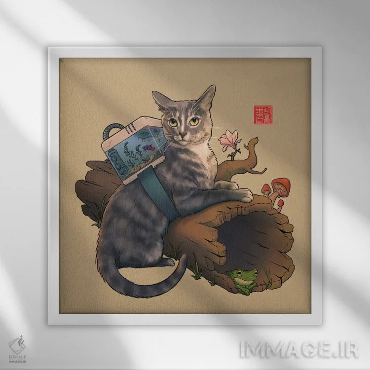 تابلو گربه ماجراجو اثر باورگژونگ هو - نمای قابدار سفید