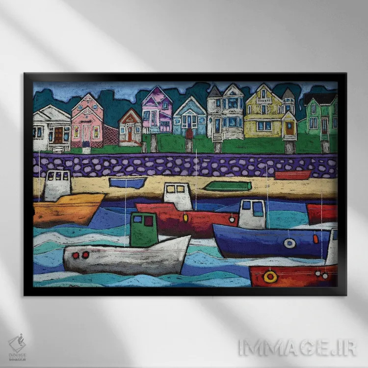 تابلو قایقهای ماهیگیری شلوغ اثر دیویدای هینْدز - نمای قابدار مشکی