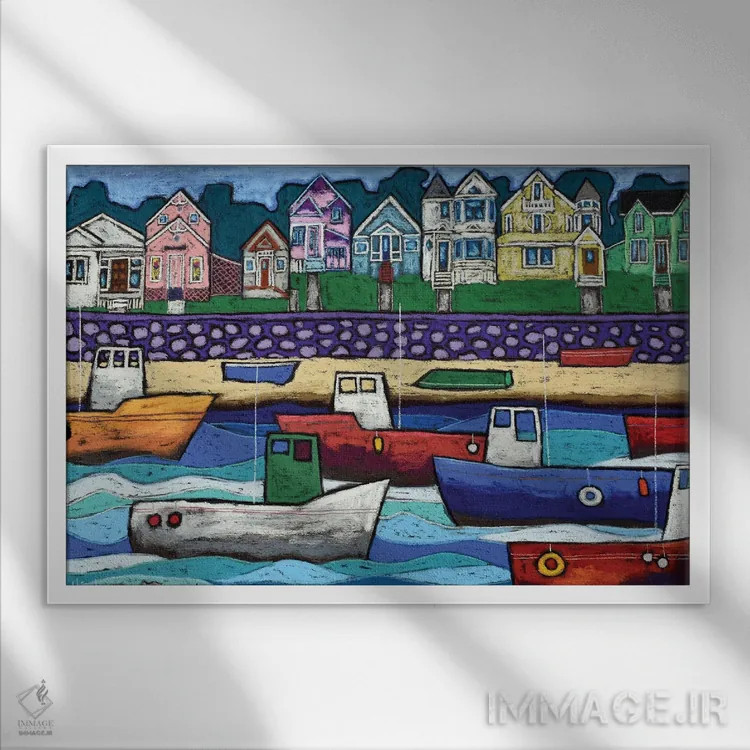 تابلو قایقهای ماهیگیری شلوغ اثر دیویدای هینْدز - نمای قابدار سفید