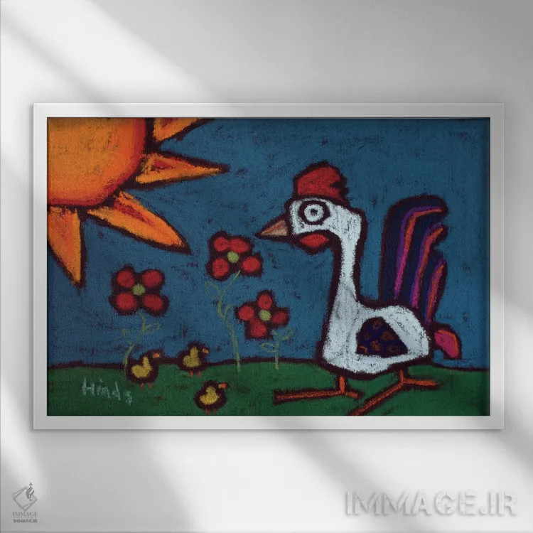 تابلو مرغ و جوجهها اثر دیویدای هینْدز - نمای قابدار سفید