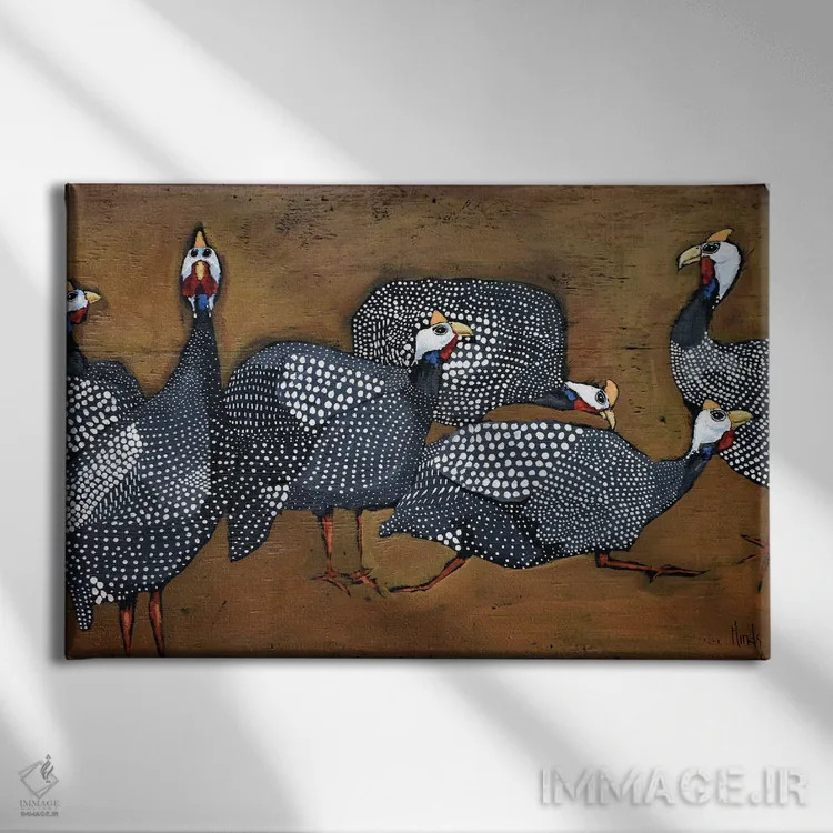 تابلو گیجی مرغهای گینهای اثر دیویدای هینْدز - نمای روبهرو روی دیوار