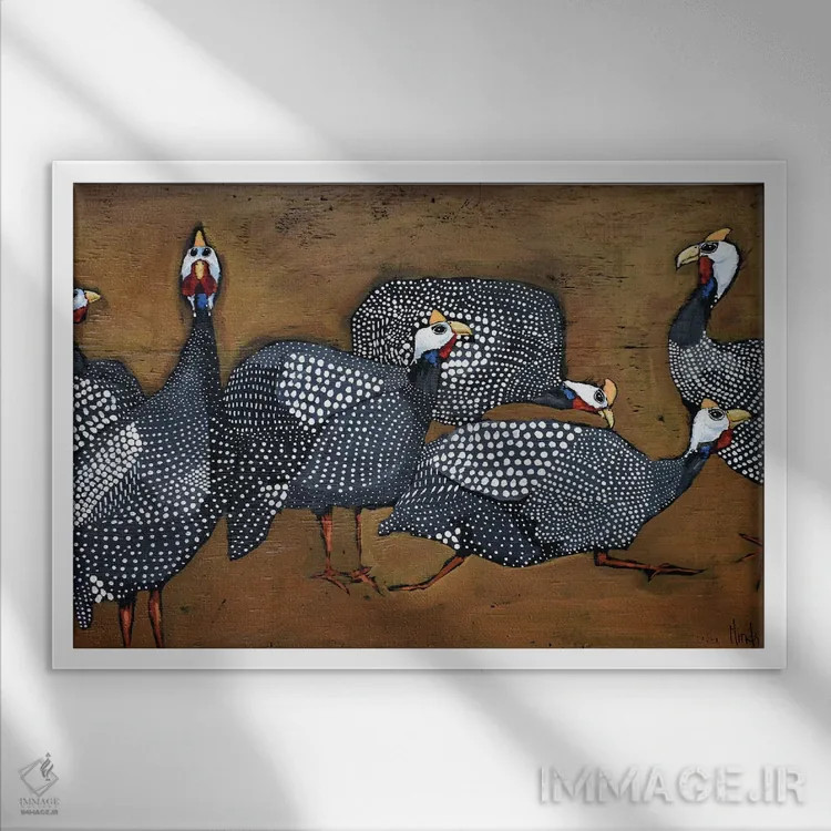 تابلو گیجی مرغهای گینهای اثر دیویدای هینْدز - نمای قابدار سفید