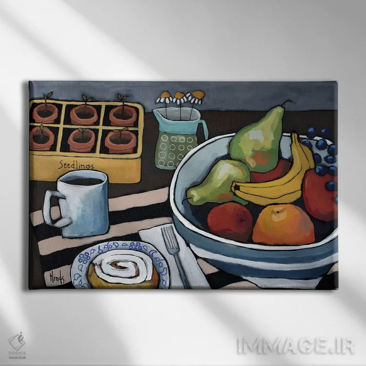 تابلو رول دارچینی با کاسه میوه اثر دیویدای هینْدز - نمای روبهرو روی دیوار