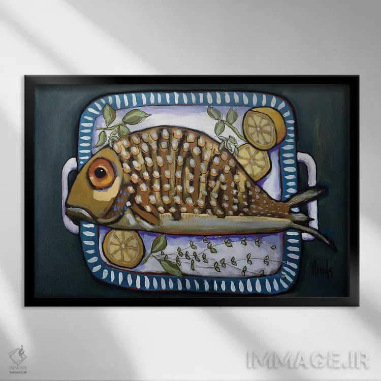 تابلو ماهی روی سینی اثر دیویدای هینْدز - نمای قابدار مشکی