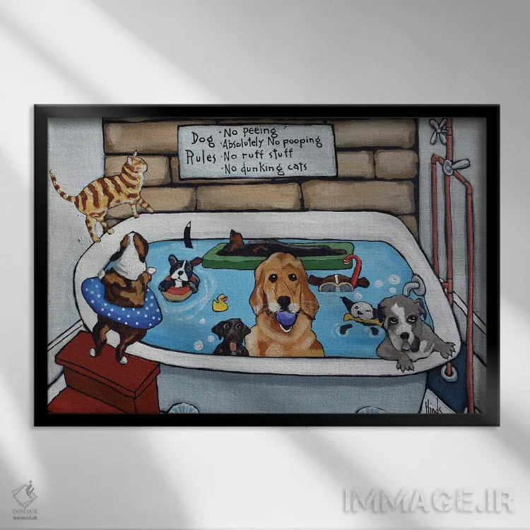 تابلو نه سگ و یک گربه اثر دیویدای هینْدز - نمای قابدار مشکی