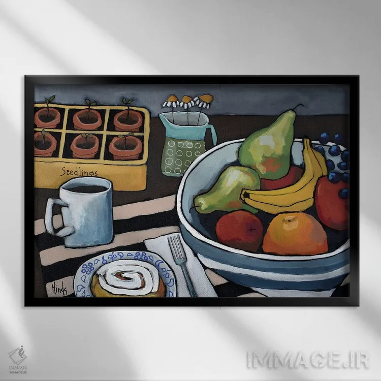 تابلو رول دارچینی با کاسه میوه اثر دیویدای هینْدز - نمای قابدار مشکی