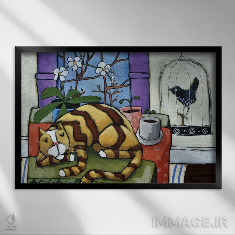 تابلو چرت گربهای اثر دیویدای هینْدز - نمای قابدار مشکی