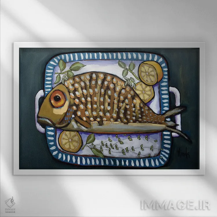 تابلو ماهی روی سینی اثر دیویدای هینْدز - نمای قابدار سفید