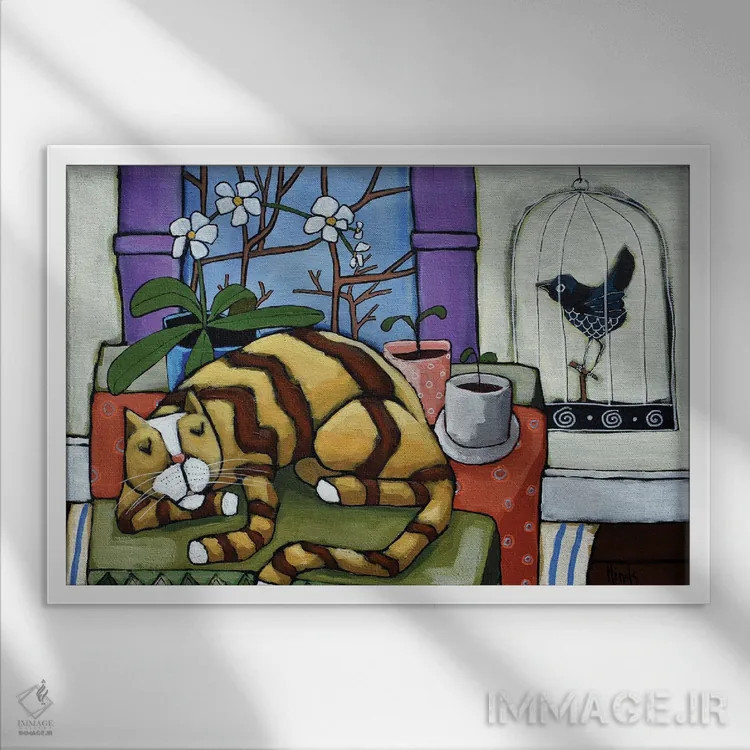 تابلو چرت گربهای اثر دیویدای هینْدز - نمای قابدار سفید