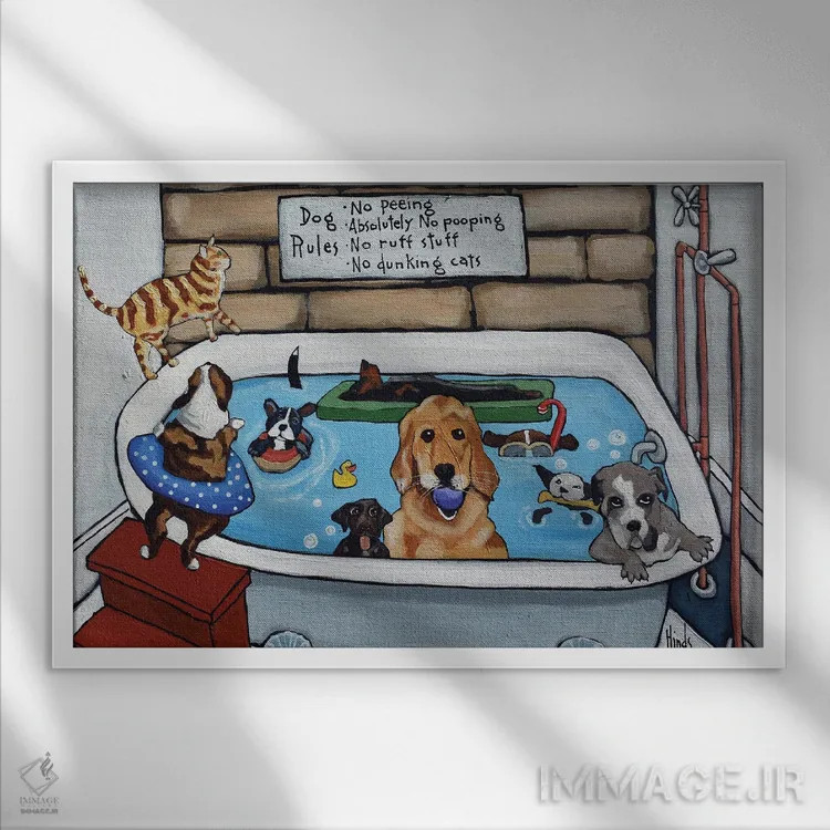 تابلو نه سگ و یک گربه اثر دیویدای هینْدز - نمای قابدار سفید
