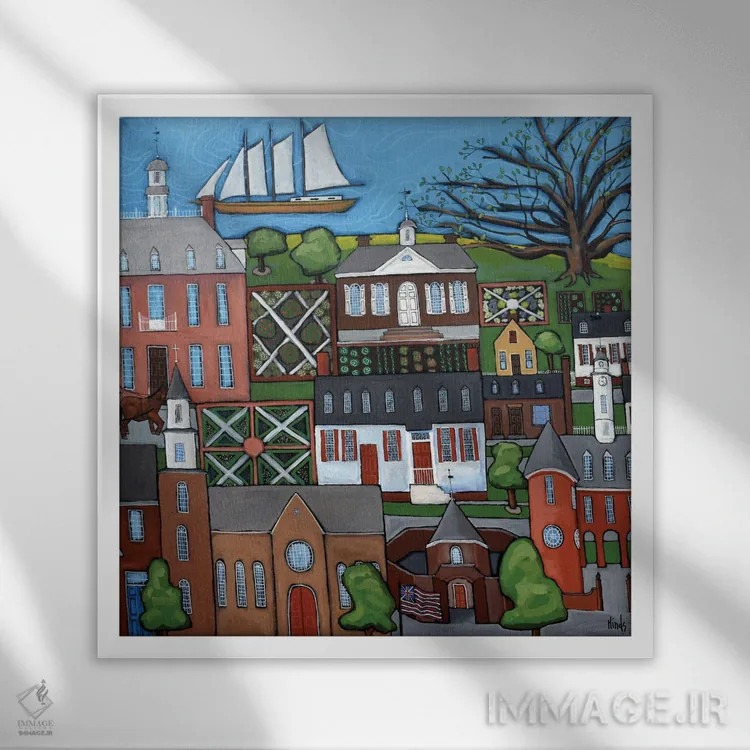 تابلو ویلیامزبورگ تاریخی استعماری (شهر آمریکا) اثر دیویدای هینْدز - نمای قابدار سفید
