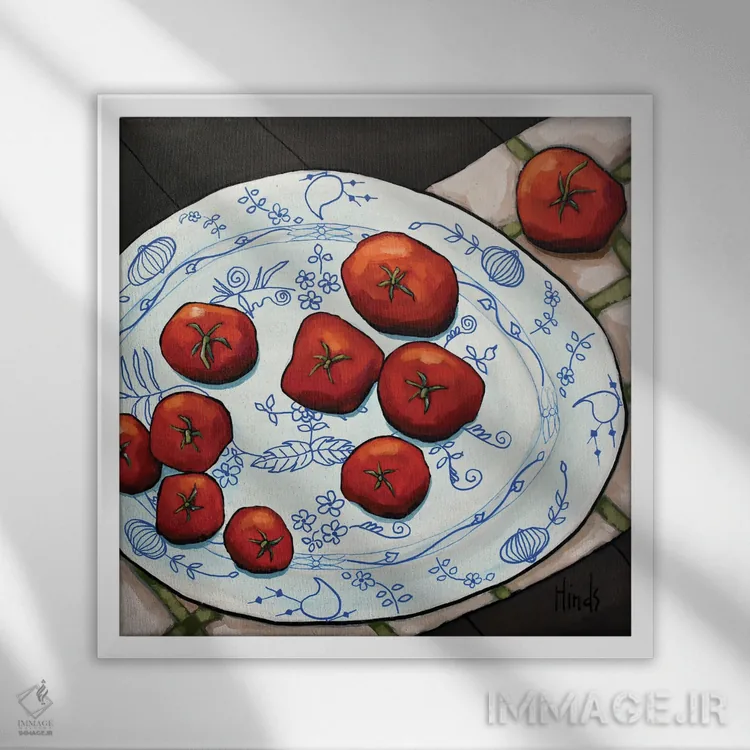 تابلو گوجهفرنگی روی سینی اثر دیویدای هینْدز - نمای قابدار سفید