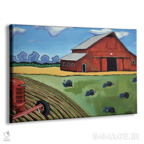 تابلو انبار قرمز قدیمی با مرغهای گینهای و تراکتور فارمآل اثر دیویدای هینْدز - نمای پرسپکتیو محصول