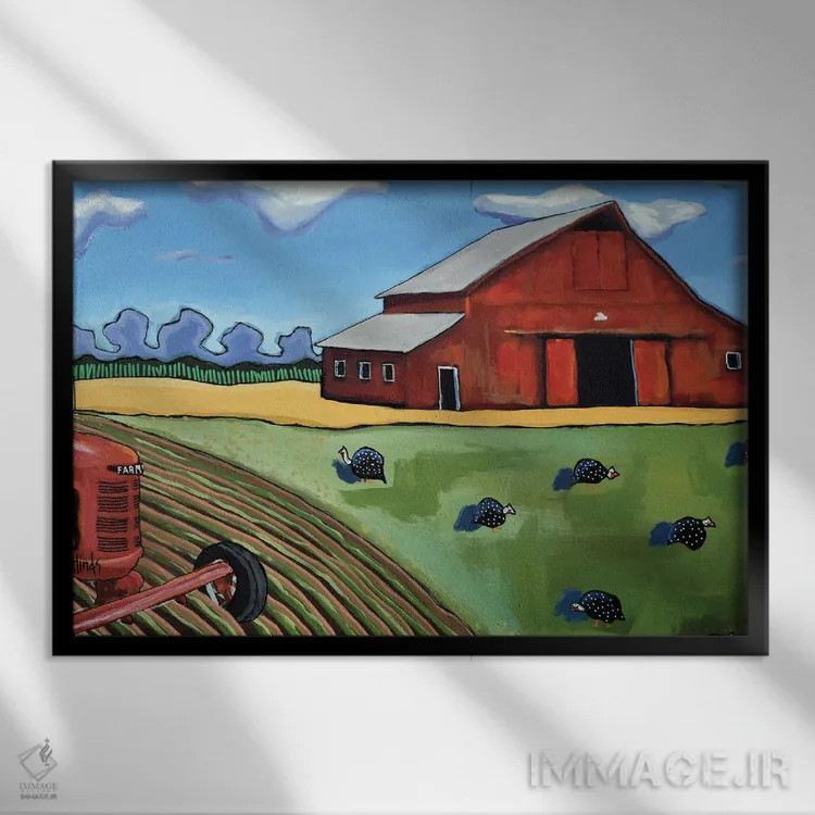 تابلو انبار قرمز قدیمی با مرغهای گینهای و تراکتور فارمآل اثر دیویدای هینْدز - نمای قابدار مشکی