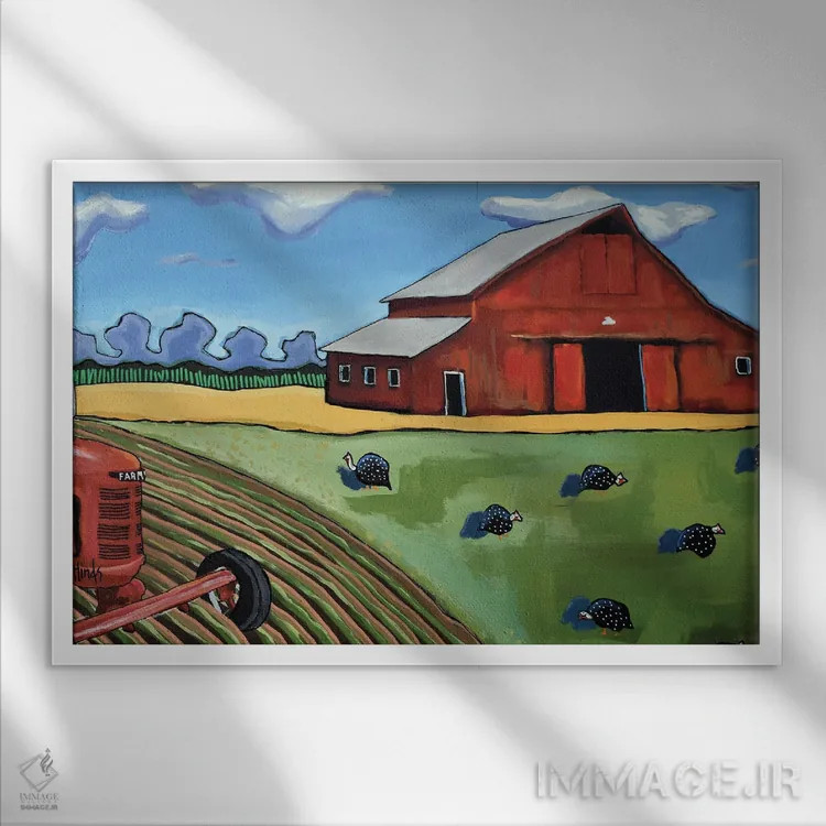 تابلو انبار قرمز قدیمی با مرغهای گینهای و تراکتور فارمآل اثر دیویدای هینْدز - نمای قابدار سفید