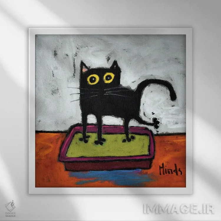 تابلو گربه سیاه در جعبه خاک اثر دیویدای هینْدز - نمای قابدار سفید