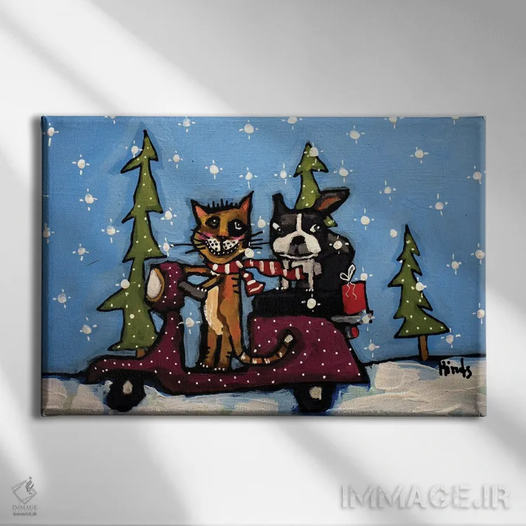 تابلو گربه و سگ کریسمسی روی اسکوتر اثر دیویدای هینْدز - نمای روبهرو روی دیوار