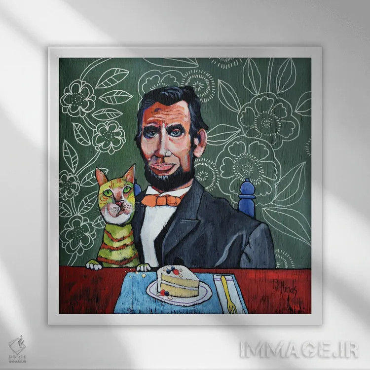 تابلو گربه لینکلن و کیک بادام مری تاد اثر دیویدای هینْدز - نمای قابدار سفید