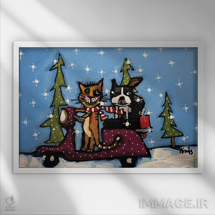 تابلو گربه و سگ کریسمسی روی اسکوتر اثر دیویدای هینْدز - نمای قابدار سفید