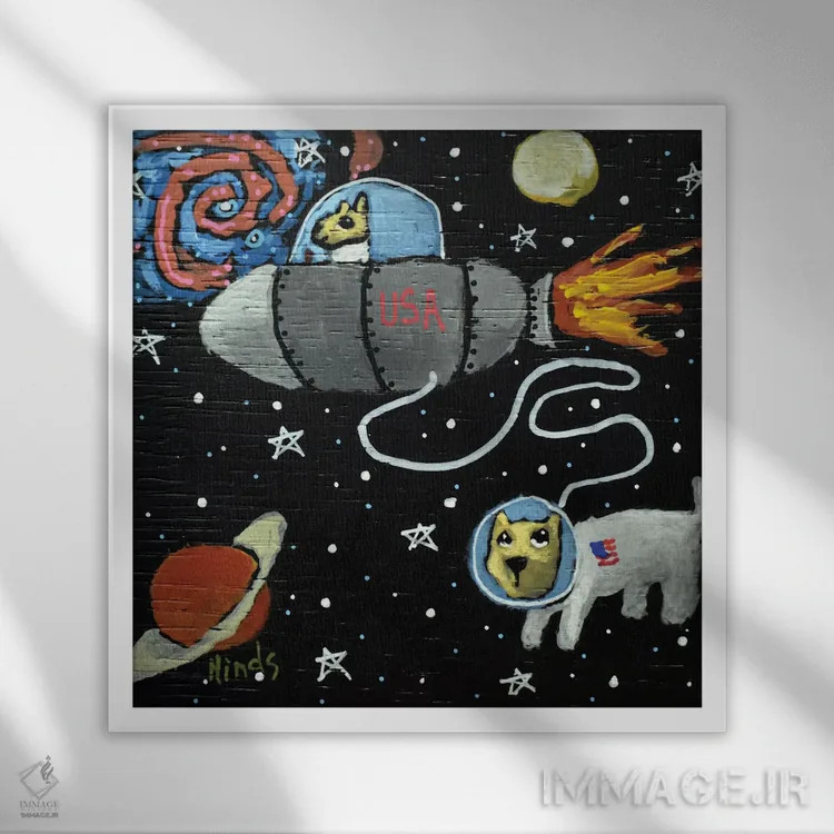 تابلو سگها در فضا اثر دیویدای هینْدز - نمای قابدار سفید