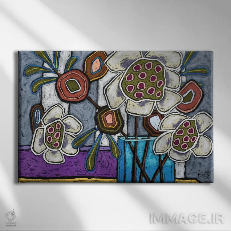 تابلو طرح گل funky با نوارهای طوسی اثر دیویدای هینْدز - نمای روبهرو روی دیوار