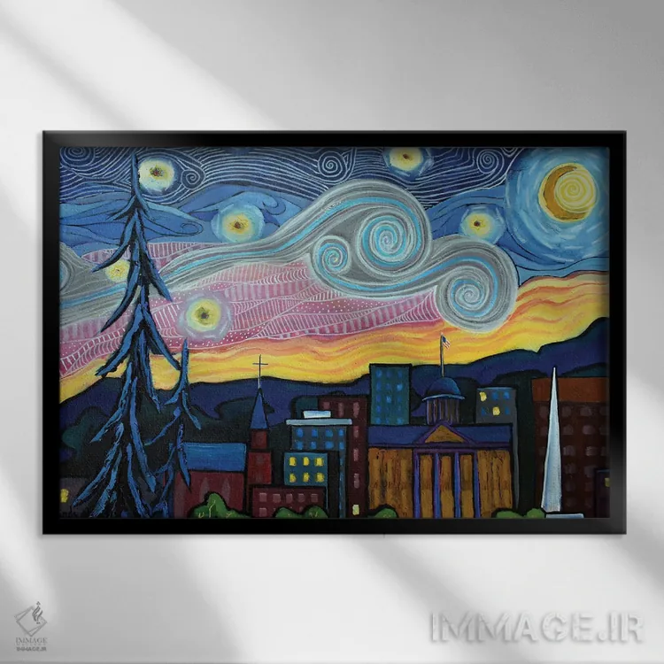 تابلو شب پرستاره بالای اسپرینگفیلد، ایلینوی اثر دیویدای هینْدز - نمای قابدار مشکی