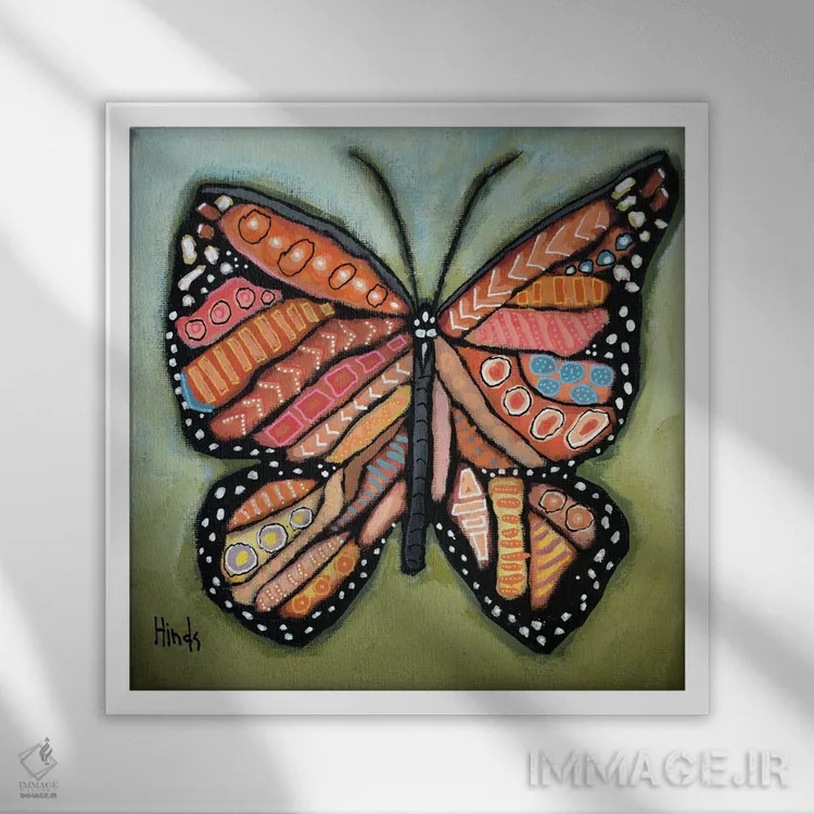 تابلو پروانه مونارک انتزاعی اثر دیویدای هینْدز - نمای قابدار سفید