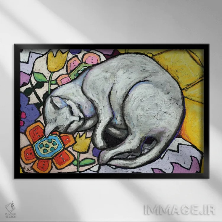 تابلو چرت گربه اثر دیویدای هینْدز - نمای قابدار مشکی