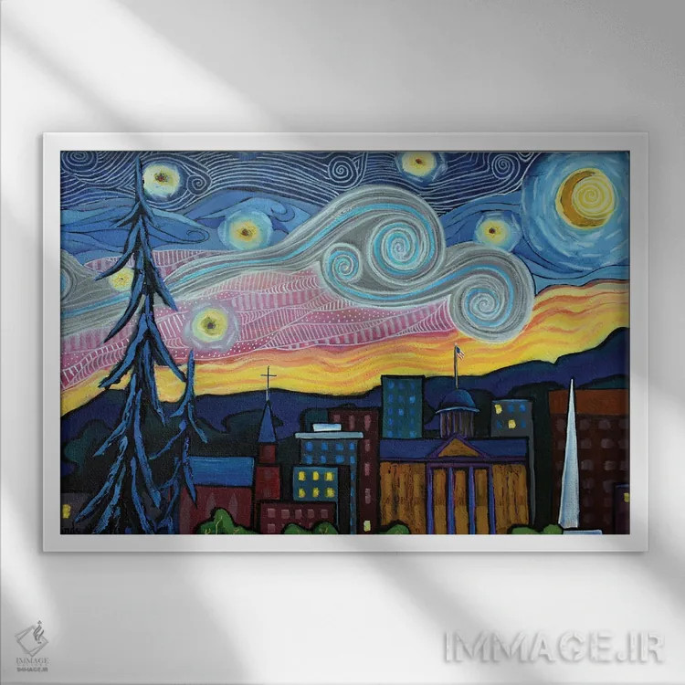 تابلو شب پرستاره بالای اسپرینگفیلد، ایلینوی اثر دیویدای هینْدز - نمای قابدار سفید