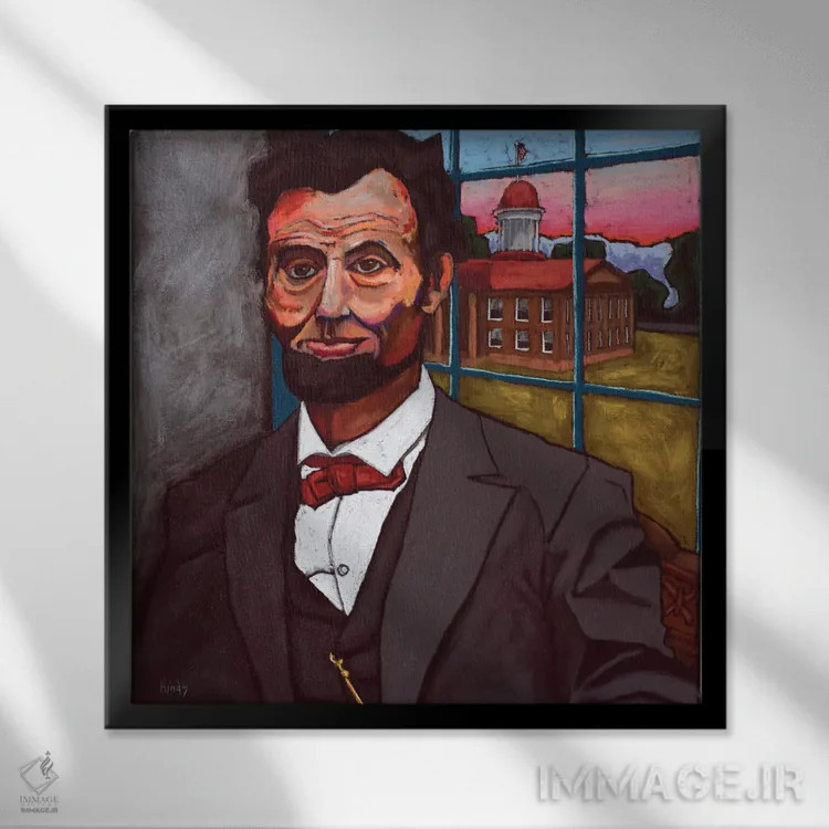 تابلو آبراهام لینکلن هنگام غروب با منظره ساختمان قدیم کنگره ایالت اثر دیویدای هینْدز - نمای قابدار مشکی