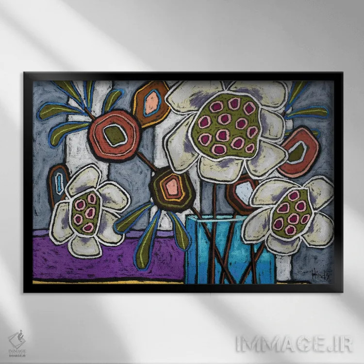تابلو طرح گل funky با نوارهای طوسی اثر دیویدای هینْدز - نمای قابدار مشکی