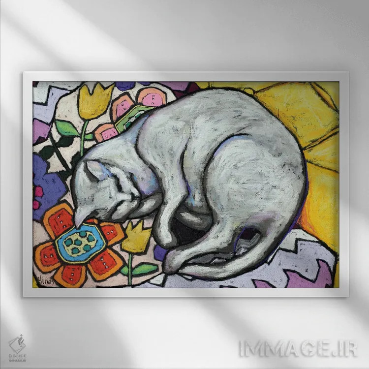 تابلو چرت گربه اثر دیویدای هینْدز - نمای قابدار سفید