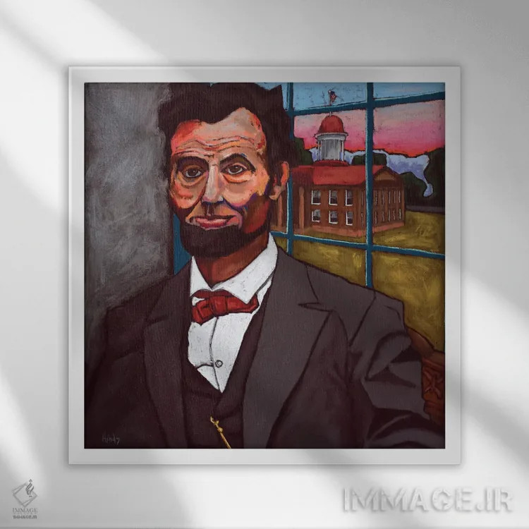 تابلو آبراهام لینکلن هنگام غروب با منظره ساختمان قدیم کنگره ایالت اثر دیویدای هینْدز - نمای قابدار سفید