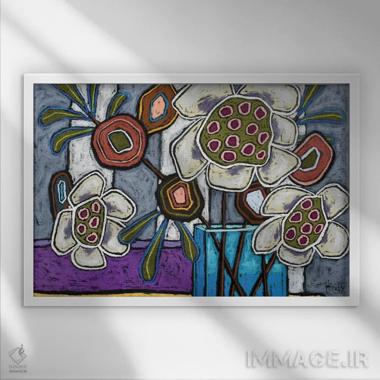 تابلو طرح گل funky با نوارهای طوسی اثر دیویدای هینْدز - نمای قابدار سفید