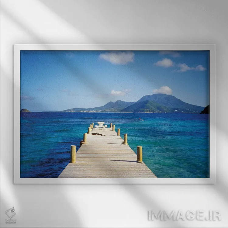 تابلو Saint Kitts,منظره جزیره بوبی و نویس از اسکله ساحل لاکپشتی، سنت کیتس اثر دیوید هربیگ - نمای قابدار سفید